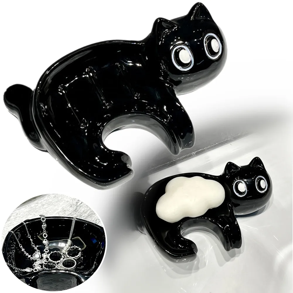 Cartoon Cute Cat Shape Soap Box with Drain Water Soap Box Wash Basin Drainage Shelf Ceramic Soap Dish Bathroom Accessories 1PC