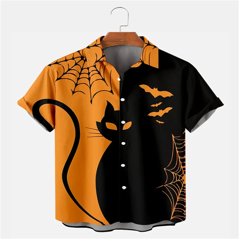 Spring and summer men's shirts, fashionable pumpkin head printed short sleeved loose casual shirts, relaxed social party shirts