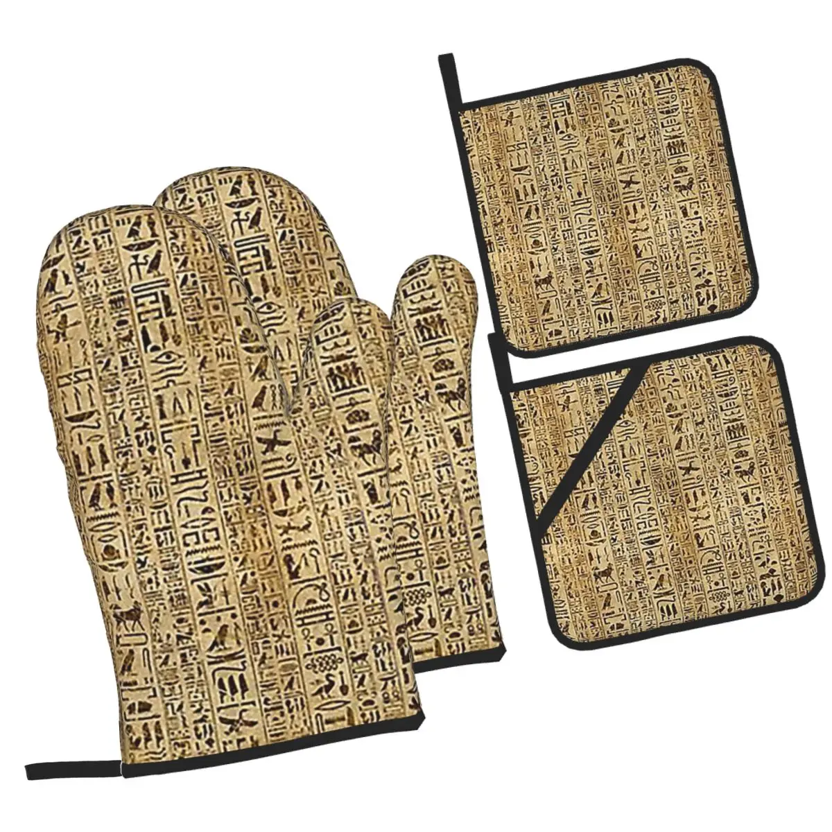 Egyptian Hieroglyphs On Papyrus Oven Mitts and Pot Holder Sets of 4 for Baking Kitchen Cooking Resistant Non-Slip Gloves