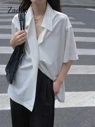 Zadily 2023 Summer Minimalist Short Sleeve Women White Shirt Korea Style Button Up Loose Woman Blouse BF Tops Work Clothing