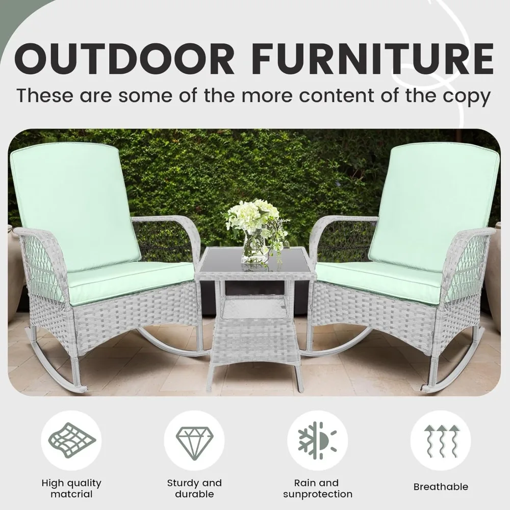 3 قطعة مجموعة بيسترو هزاز كراسي المحادثة PE الخوص كراسي هزازة في الهواء الطلق وطاولة زجاجية ، لحديقة الحديقة في الفناء الخلفي