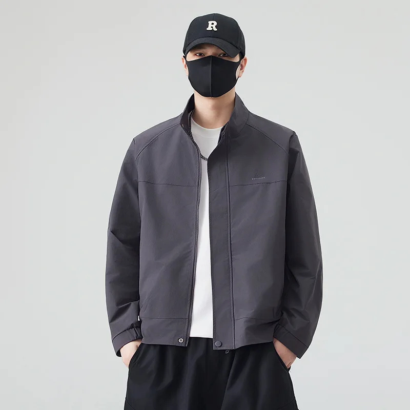 

Men's Stand Collar Jaet Casual Pure Color Workwear Outerwear Spring Autumn Faionable Versatile Stand Fit Long Sve