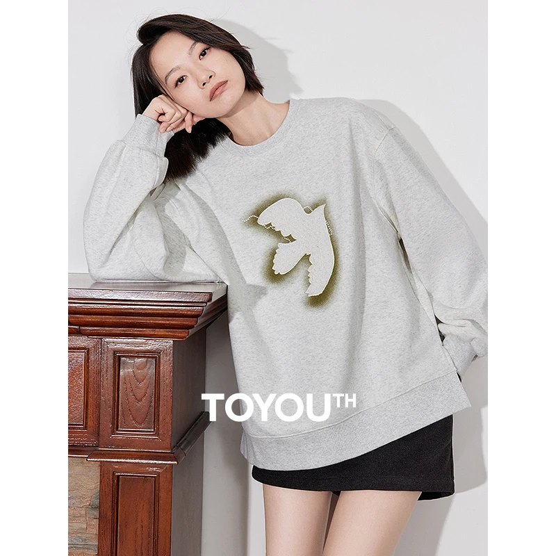 TOYOUTH Women Hoodies Sweatshirt 2024 Autumn Winter New Pigeon Pattern Oversized High Streetwear Round Neck Fashion Pullover Top