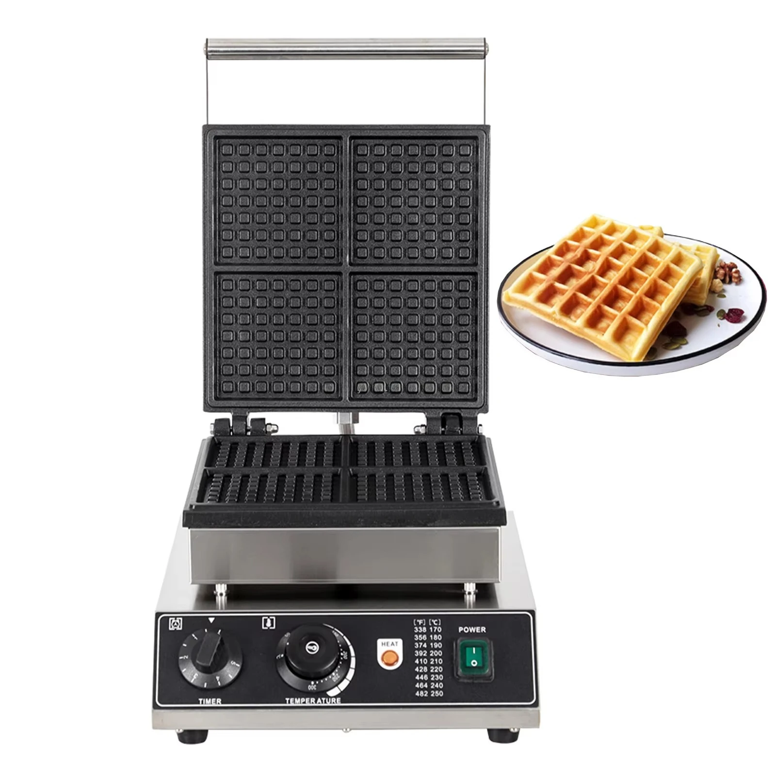 1750W Industrial Non-Stick Belgian Waffle Maker 4 Slice Snack Machine Teflon-Coated Baking Pans Stainless Steel Body 110V New