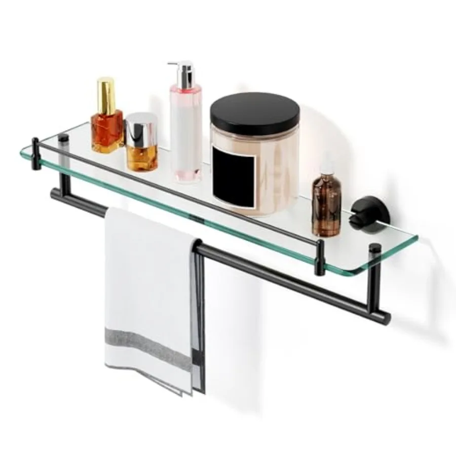 

Tempered Glass Bathroom Shelf Towel Bar - and Stainless Steel, Wall Mount Rustproof Tower Rail with Shelves