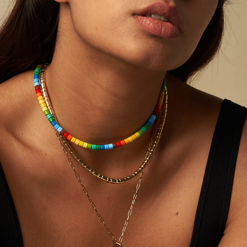 ZMZY Bohemian Vintage Beads Cute Colorful Rainbow Necklace Choker Collar Chain Jewelry Women Friendship Girl Gifts Party