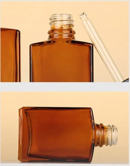 200*30ml 50ml 100ml âmbar marrom vidro retângulo óleo essencial garrafa conta-gotas plana quadrado vidro skincare soro garrafa embalagem