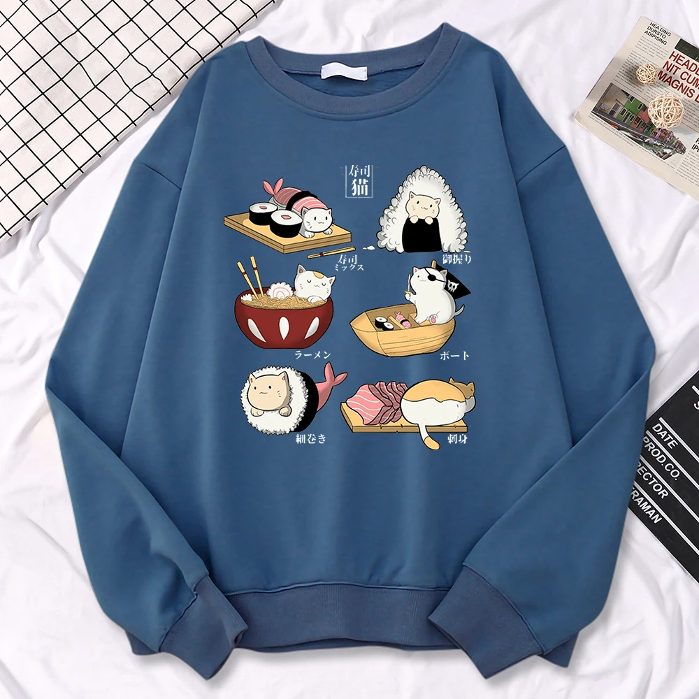 Simple Autumn Women Sweatshirt Sushi Cat\'S Day Harajuku Printing Hoodies Crewneck Fleece Pullover Warm Loose Female Streetwear