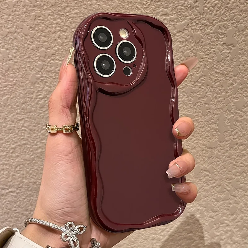Retro Wine Red Wavy Phone Case For iPhone 17 16 15 14 13 12 11 Pro Max Plus 17e 16e Woman Girl Soft Shockproof Bumper Back Cover — product photo 1 of 1