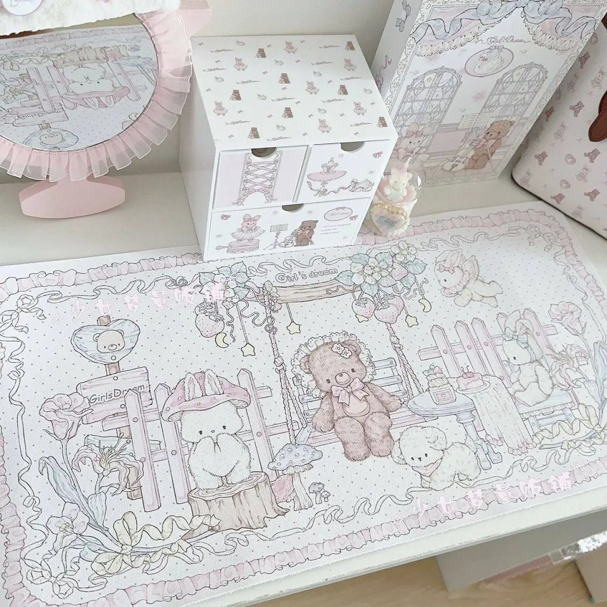 Cute Girlish Heart Strawberry Tea Party Animal PU Leather Mouse Pad Large Waterproof Desktop Keyboard Desk Pad Gaming Mousepad