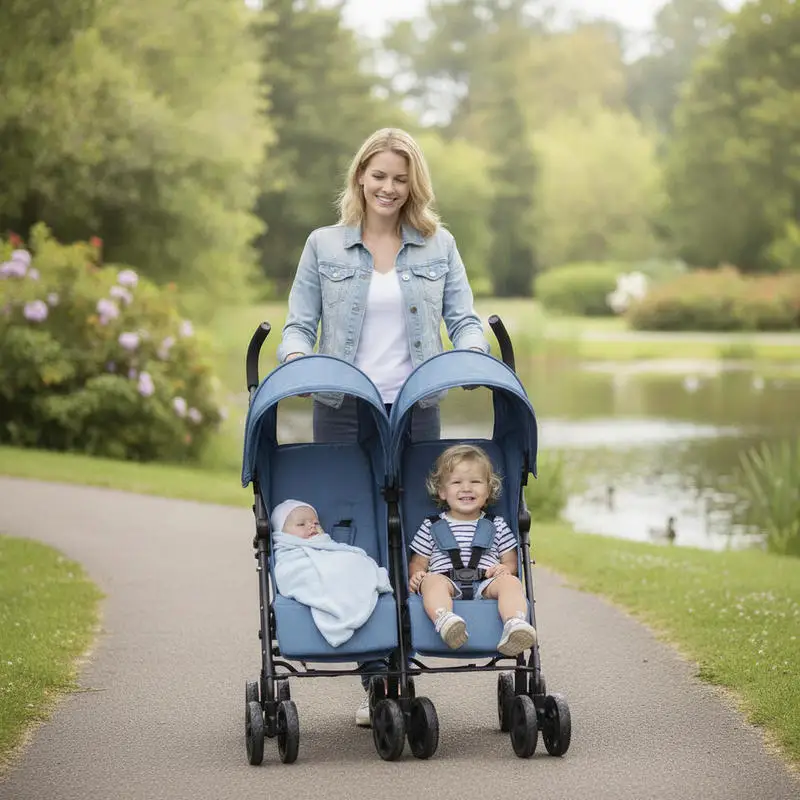 Poussette double pour jumeaux, structure en acier avec siège inclinable en 4 positions, pliage à une main, grand panier de rangement, idéale pour les promenades au parc et les voyages, bleu marine
