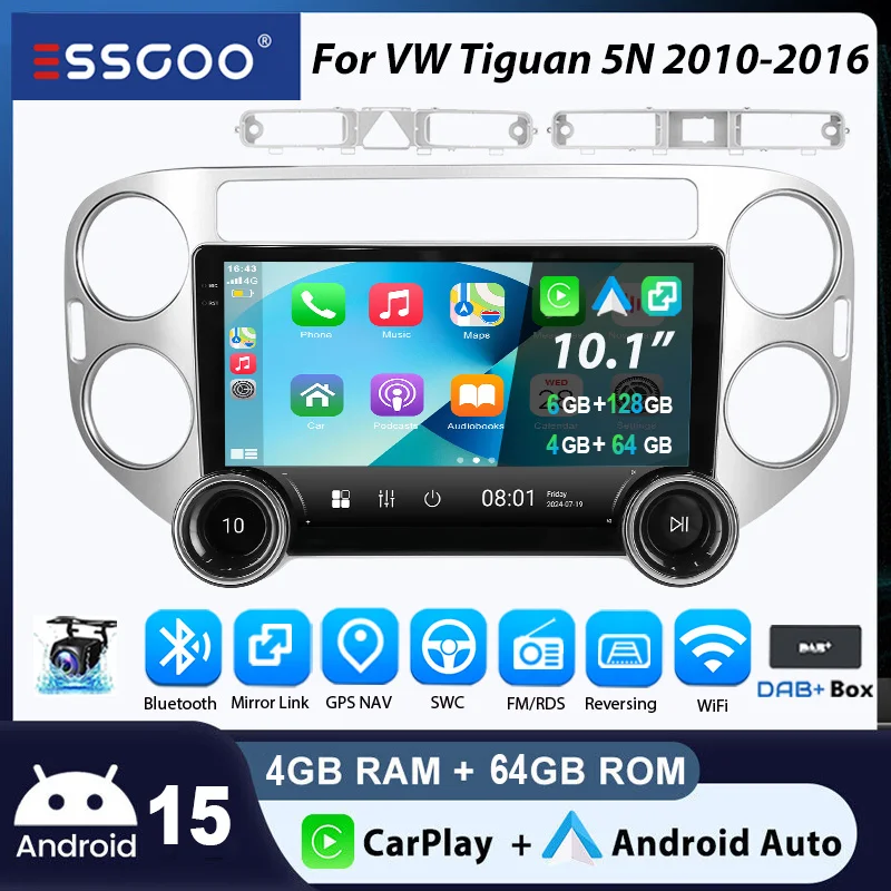 Autoradio ESSGOO Android 15 9 Zoll 4+64G Für VW Tiguan 5N Golf Plus mit Wireless CarPlay Bluetooth GPS Navigation RDS WIFI 6+128G Doppelknopf FM Android Auto Mirror Link Touchscreen Lenkradsteuerung
