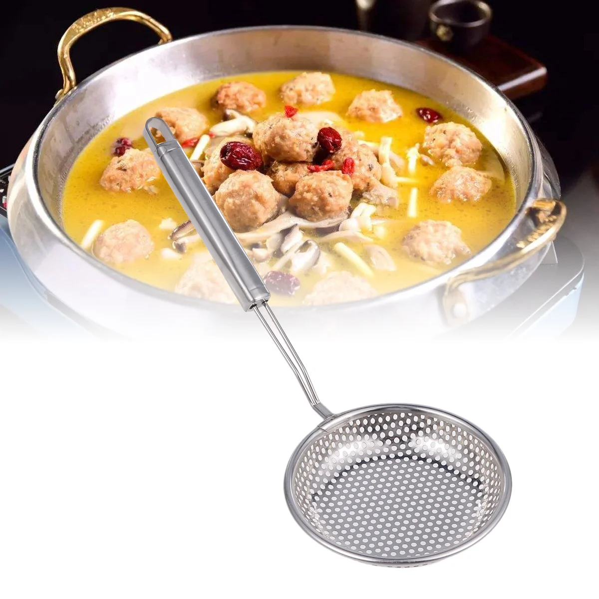 

Stainless Steel Colander Scoop High-Density Fine Mesh Strainer Heat Resistant Handle For Frying French Fries Vegetables