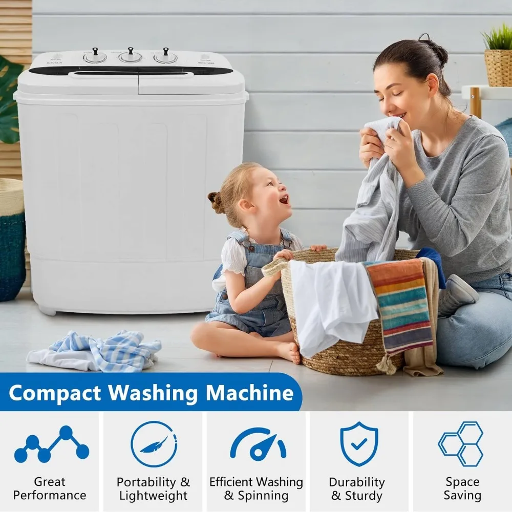 Máquina de lavar roupa elétrica portátil, Twin Tub Washer com Washer, Drenagem da bomba, para casa, Camping, Dormitório, 15lbs, 9lbs