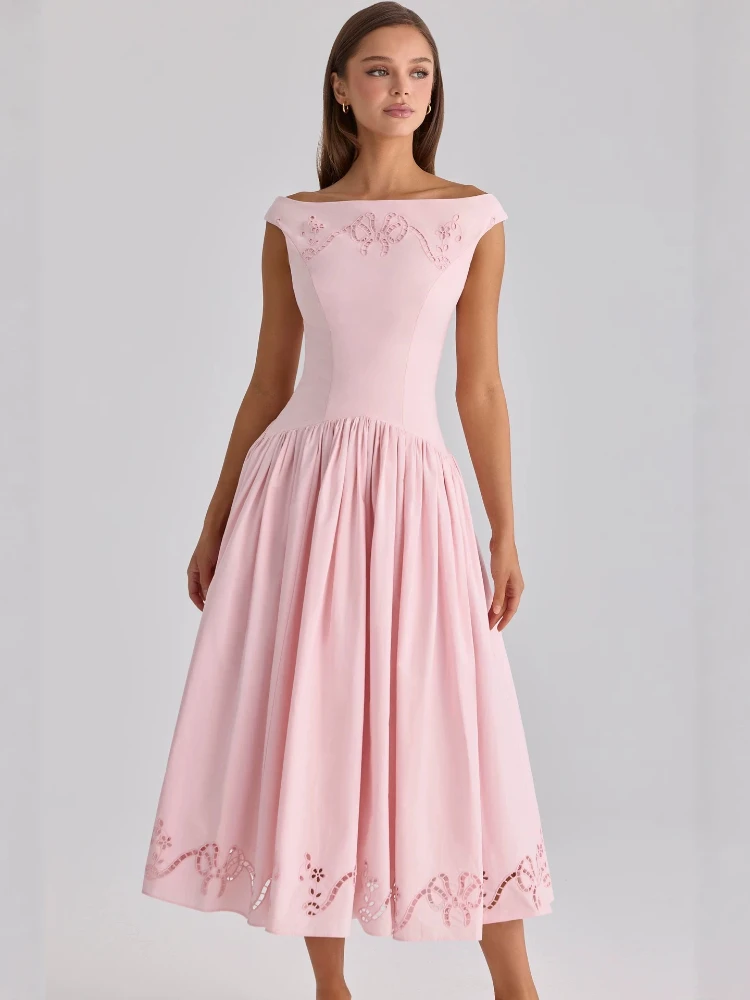 Damen Off-Shoulder Weißes Baumwollkleid mit Hohlstickerei, Hoher Taille, Fließendem Rock und Mittellänge – Elegantes Brautparty-Kleid