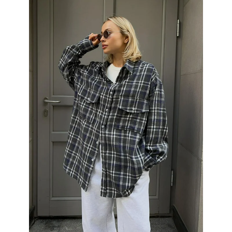 

Plaid Shirts Women 2024 Spring American Retro Loose Double Pocket Plaid Striped Mid-length Blouse Coffee Navy Blue Dark British