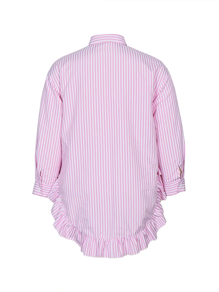 Plus Size 2024 Autumn New Women\'s  High Collar Long Sleeve Pink White Striped Women\'s Long Shirt Comfortable Casual