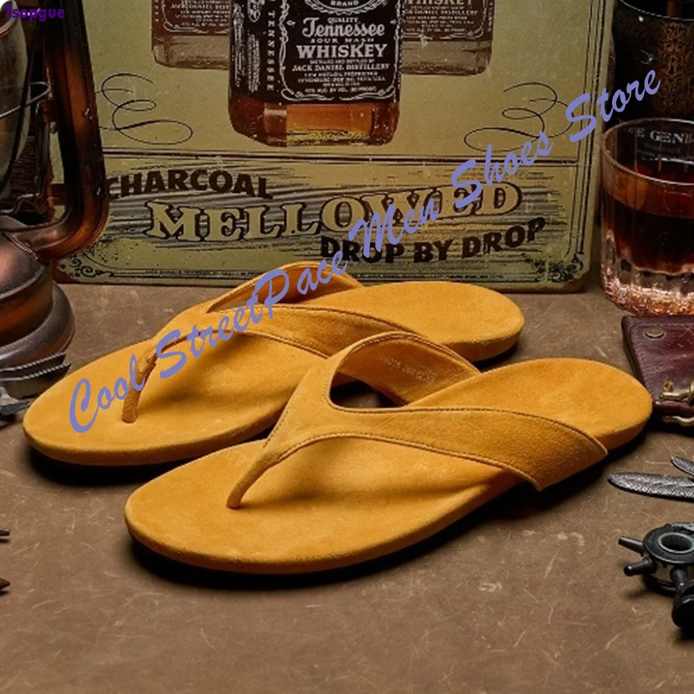 Men Yellow Suede Flip Flops Soft Flat Western Retro Daily Street Vacation Slip On Daily Walking Summer Beach Thong Sandals