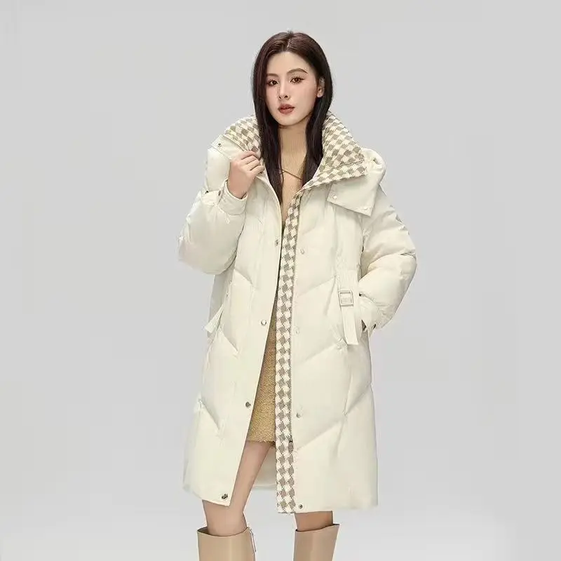 Heavyweight Winter Coat for Women Loose Long Cotton Padded Jacket with Detachable Hood Color Block Contrast Thermal Apparel