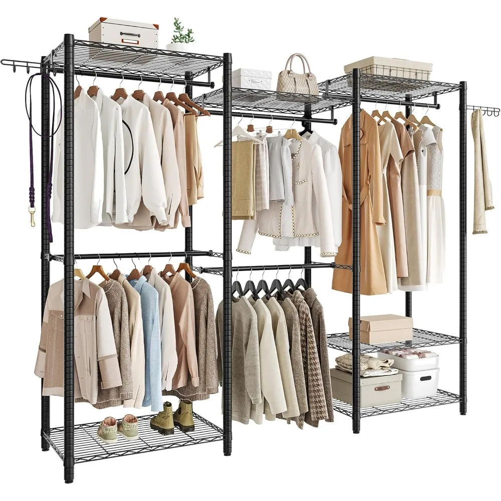 HOOBRO Heavy-Duty Clothes Rack, Freestanding 6-Tier Closet Organizer, Metal Clothing Rack with Shelves and Hanger Rods