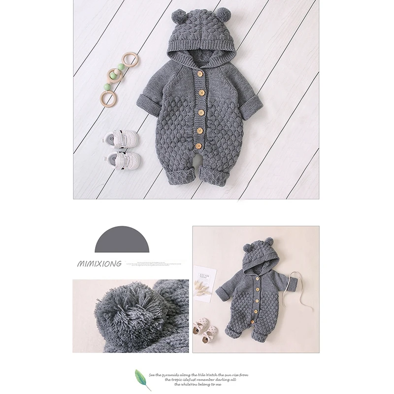 ABUM-Newborn Baby Ear Hooded Knitted Romper Snowsuit Bodysuit Overalls For Toddlers Jumpsuit Kids Cute Toddler Clothes