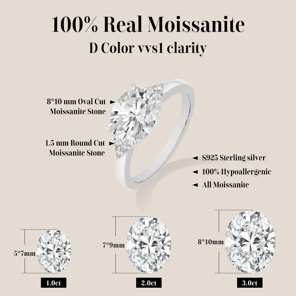 MINTYBOX Oval Cut 3ct Moissanite Rings for Women 925 Sterling Silver Sparkling Engagement Band Bridal Jewelry Dinner Party Gifts