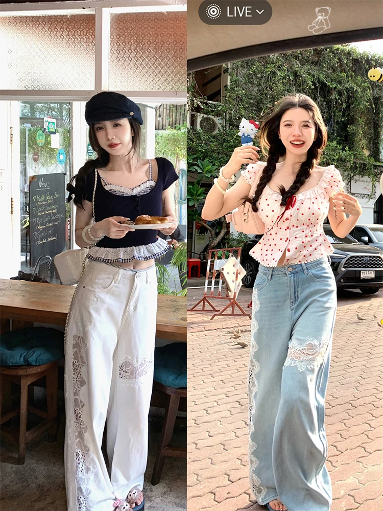 

Fiing Xiao Lace Embroidery Hollow out Denim Straight Leg Wide Leg Pants l Waist Cotton Ladies Jeans 2025 Summer