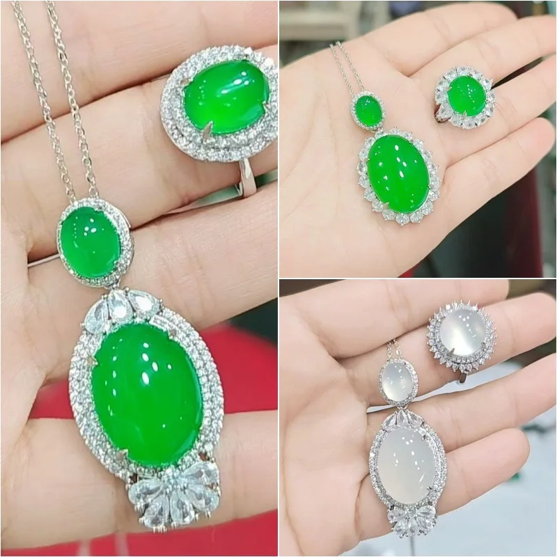 

Natural green for women, pigeon egg necklace , ice-clear white chalcedony Buddha pendant and ring two