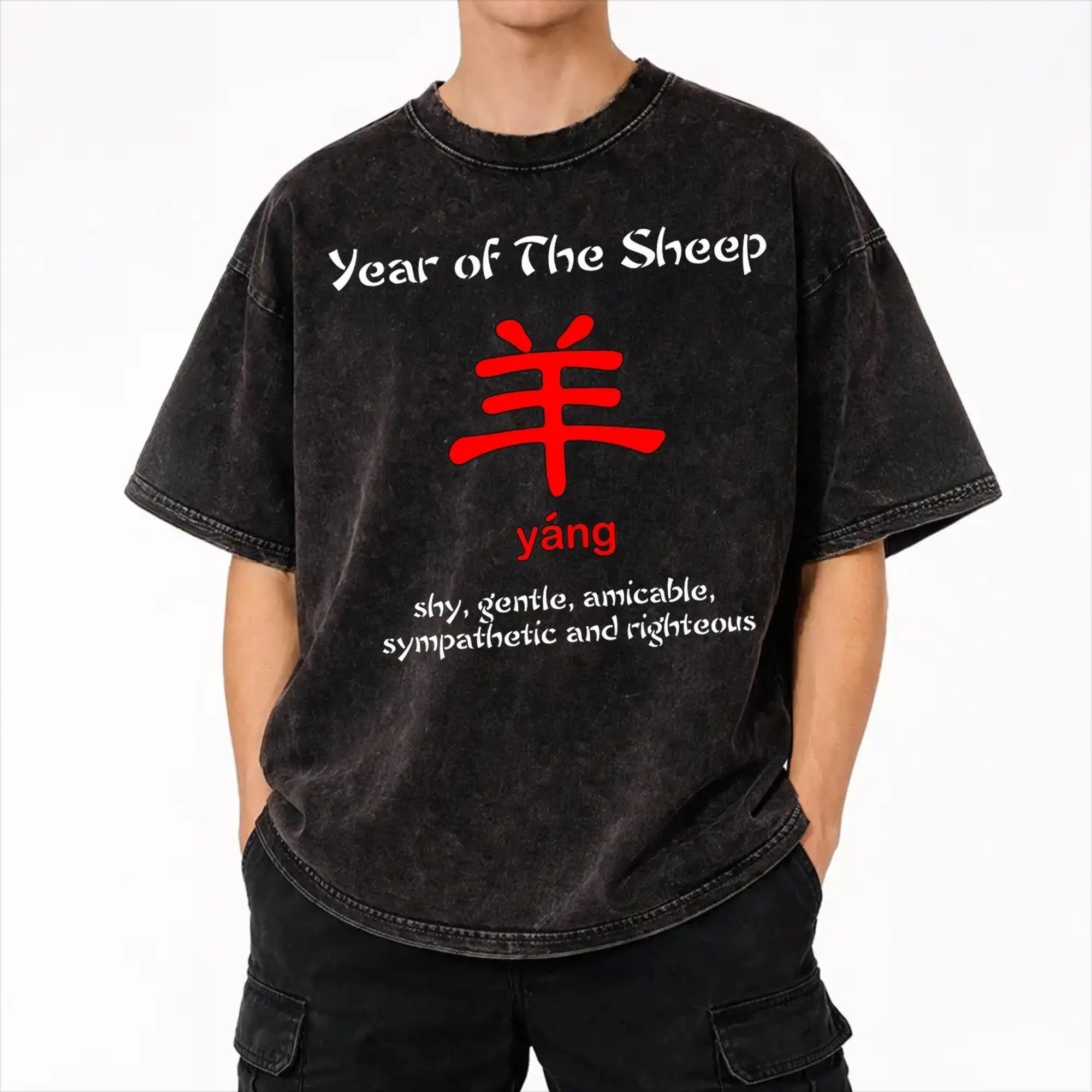 Chinese New Year 2027 years of sheep goat Accessories Washed T Shirt for Men Women Streetwear Hip Hop T-Shirts Graphic  Tees