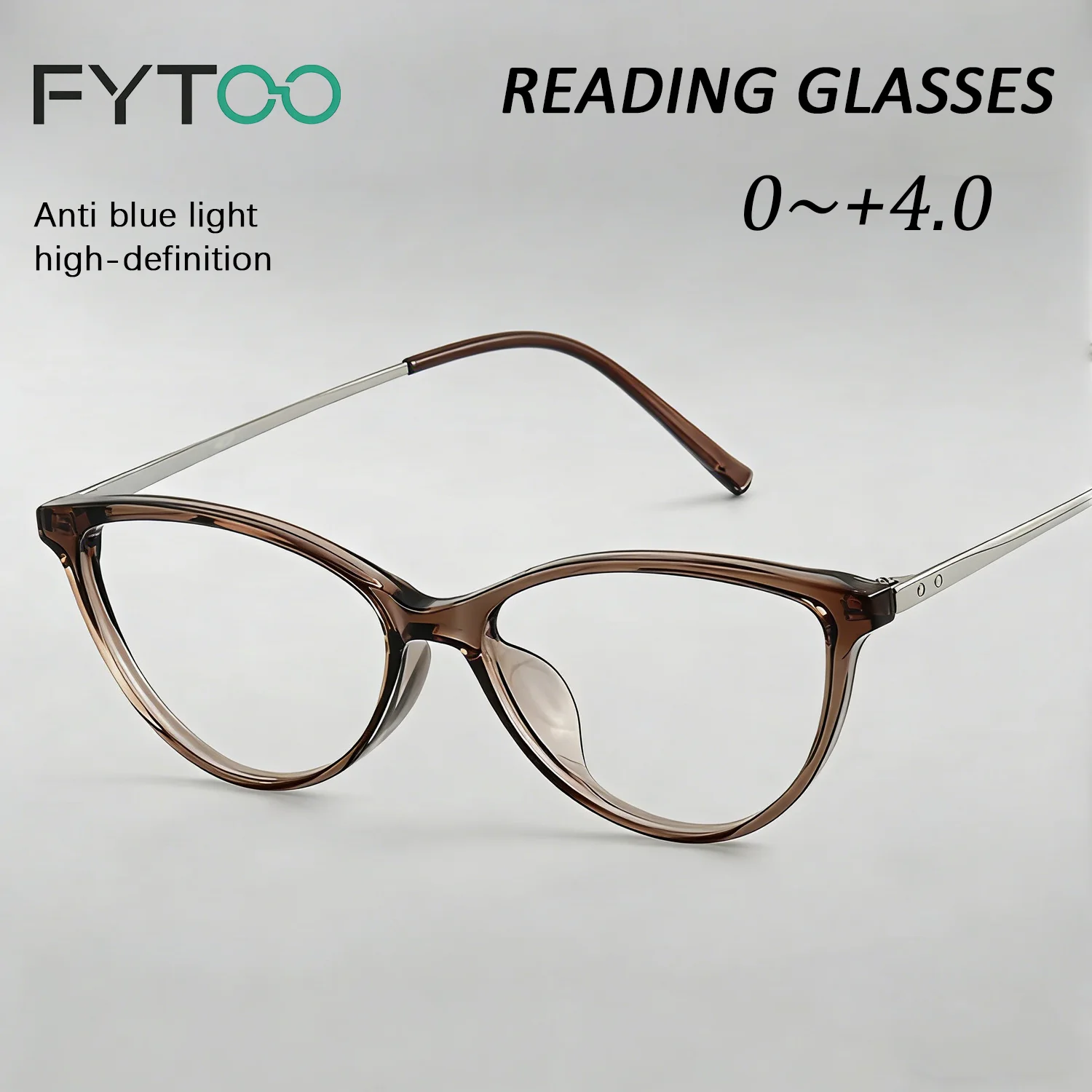 

FYTOO， Full frame cat eye shaped cool brown blue blocking presbyopia glasses, available in degrees+1.0X to+4.0X FTLH8238LC