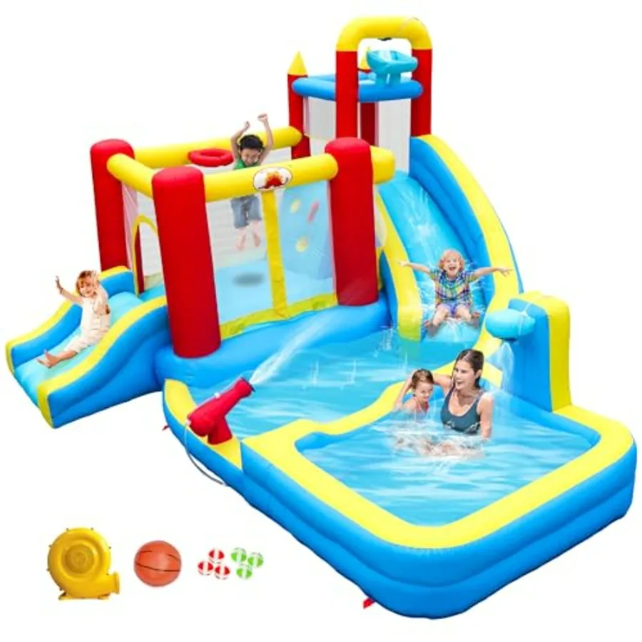 

Inflatable Water Double Slides Park for outdoor use, PVC material, blue and yellow, includes blower, deep pool, climbing wall,