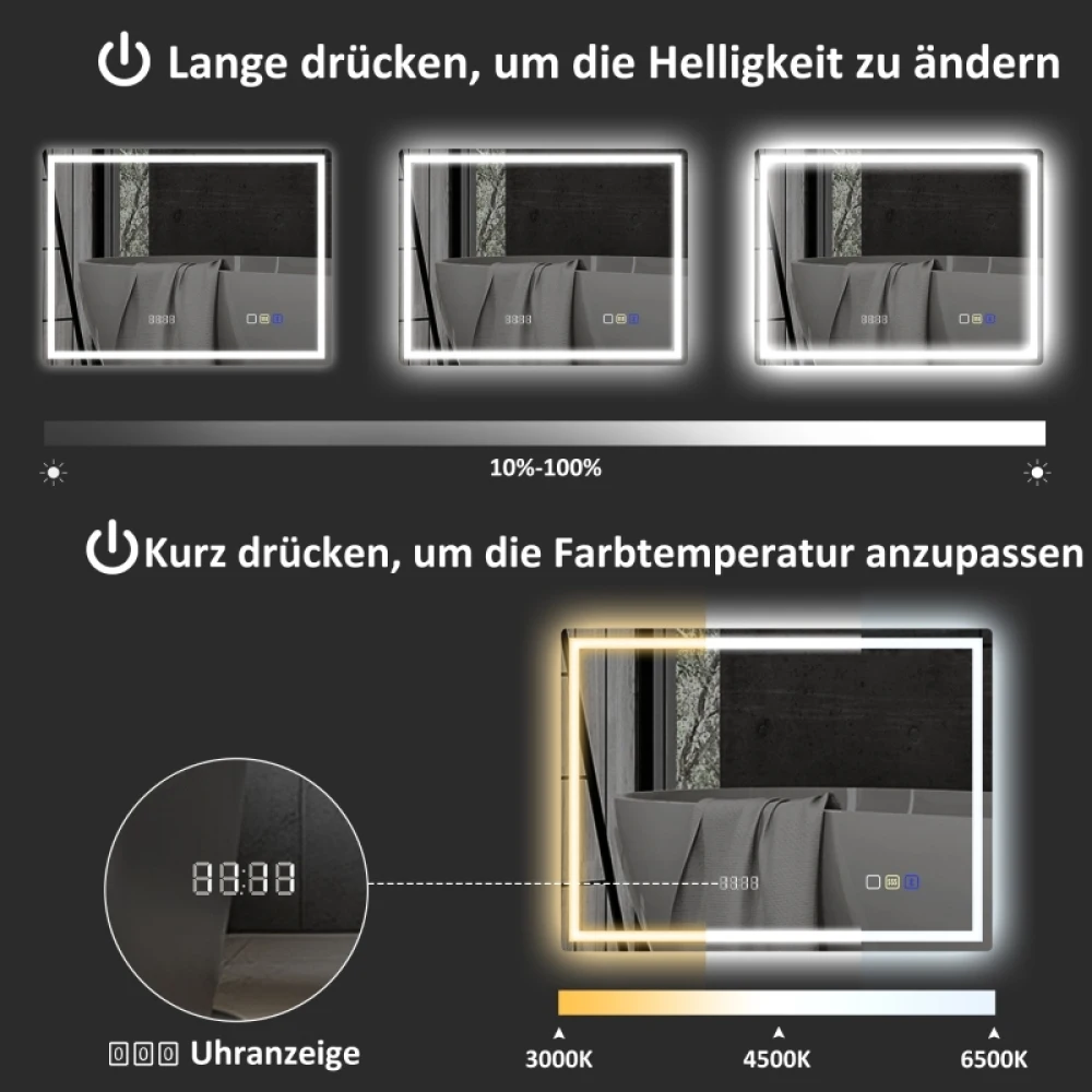 Fotografia 6: Espelho de Banheiro com Iluminação 80x60 cm, Espelho de Parede LED com Função Bluetooth para Música, Função de Memória, Relógio, 3 Cores de Luz, Espelho Antiembaçante com Interruptor Touch, Prata