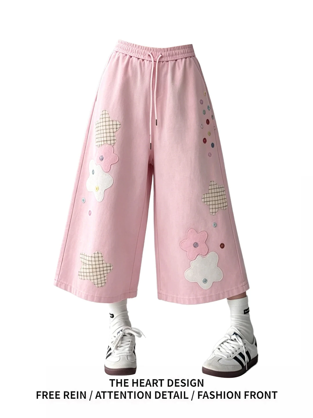

Casual Loose Wide Leg Pants Star Patchwork Button Seven-Foot Summer New Style Loose Short Sweatpants Wide Leg Pants