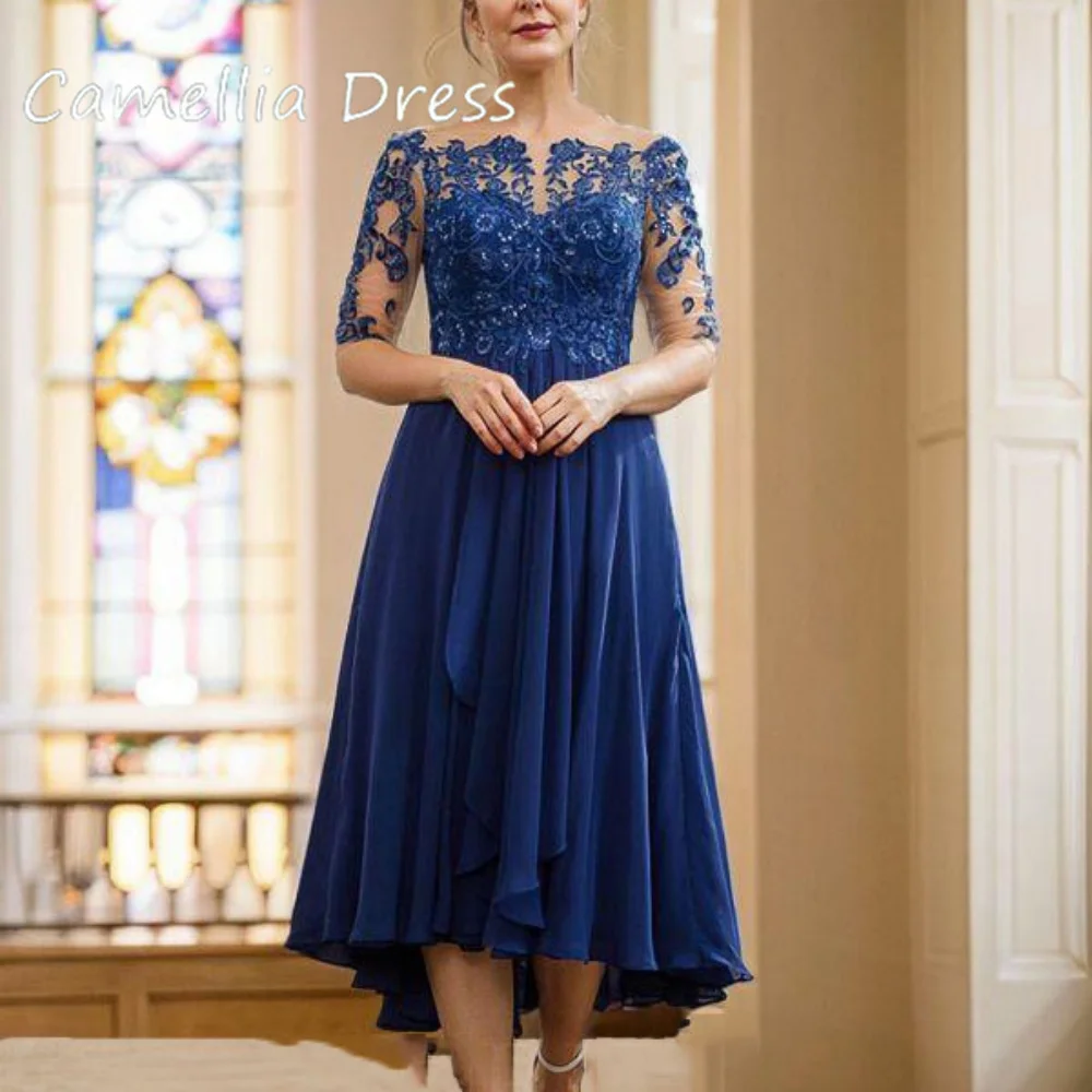 Summer Female Dress Elegant Wedding Party Dresses Lace Illusion A Line Mother of Bride Dresses with Pleat Robe De Soirée