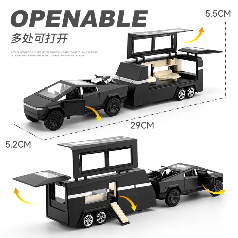 

1/36 модель пикапа Tesla RV с небольшим мотоциклом, регенеративными звуковыми и световыми игрушками, имитация внедорожника
