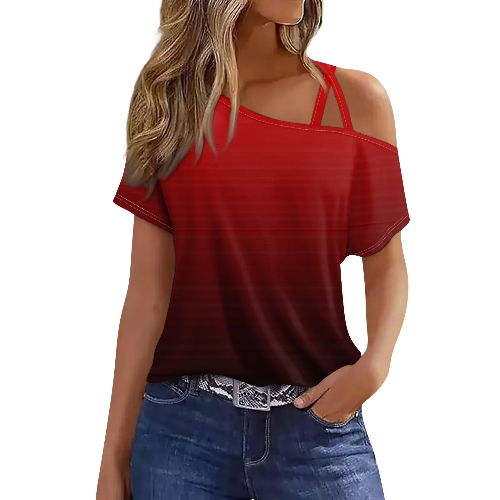 Women\'s Fashionable And Casual Solid Color Gradient Print Sexy Off Shoulder Short Sleeve Skew Collar Summer T-shirt Tops