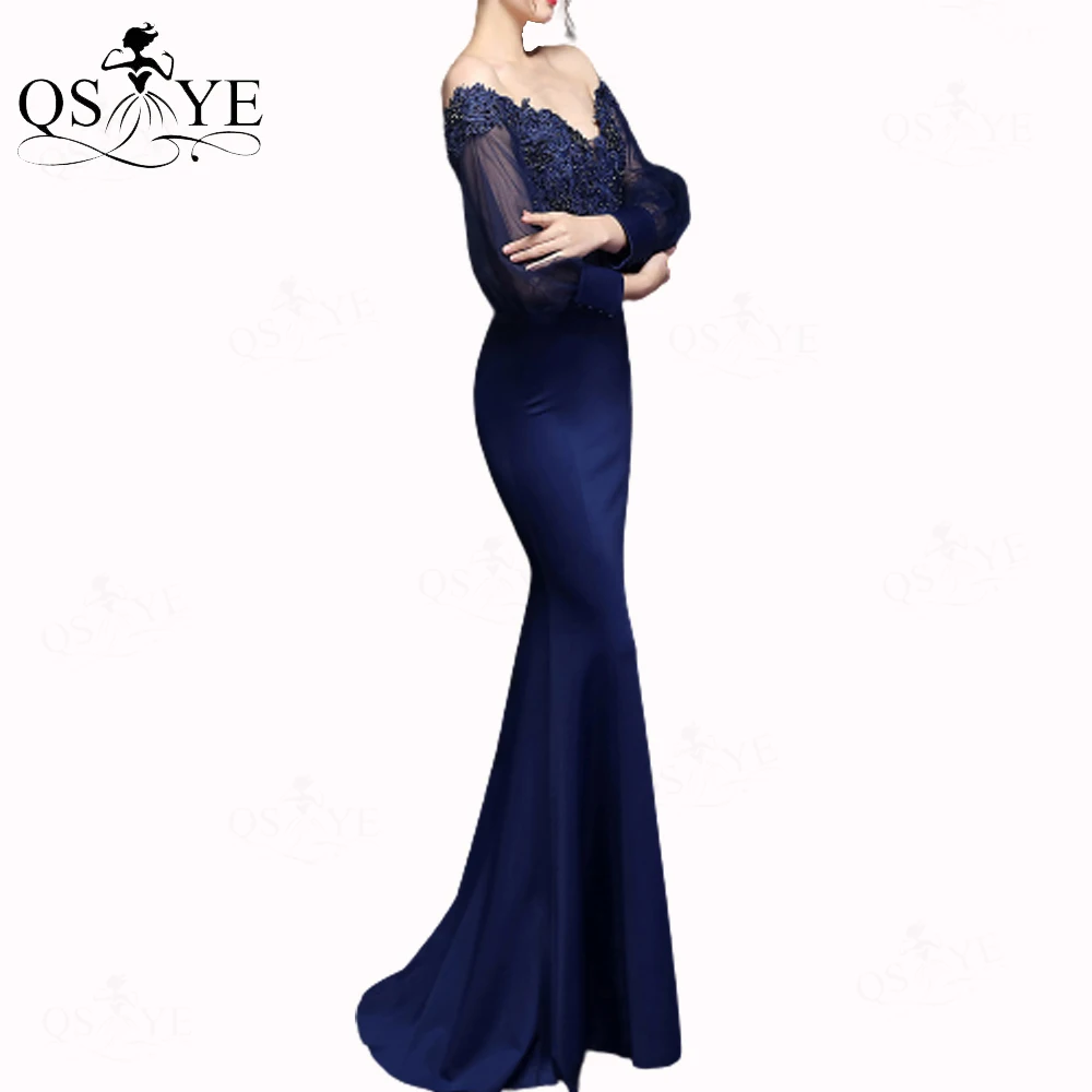 Gaun Prom Navy Gaun Malam Lengan Tulle Panjang Gaun Formal Satin Elastis Gaun Pesta Applique Renda Gaun Elegan Tanpa Bahu