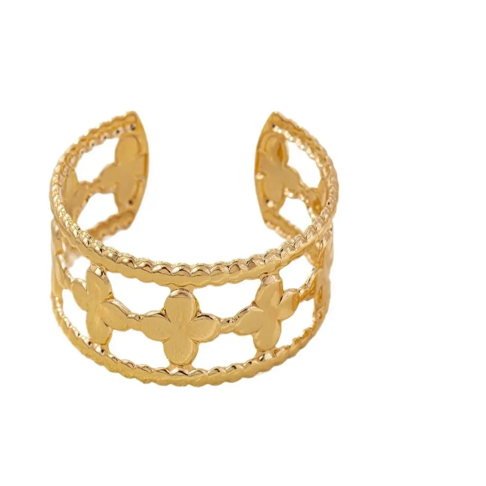 Изысканный браслет-манжета с цветком в форме клевера, золотой/серебряный браслет с полым цветком, широкая манжета, дизайн флоры, открытый браслет, аксессуары для рук