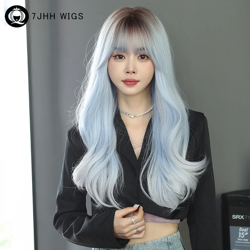 7JHH WIGS Lolita Wig Synthetic Body Wavy Ice Blue Wigs with Dark Roots High Density Curly Ombre Wig for Women Beginner Friendly