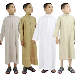 Ropa islámica Jubba Thobe para niños, caftán musulmán sólido de Arabia Saudita, batas árabes de Oriente Medio de manga larga para hermanos Abayas