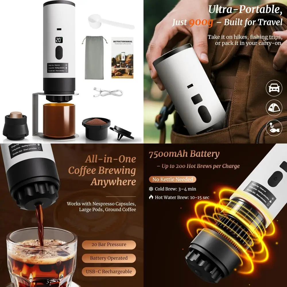 

Portable Coffee Maker: 20 Bar Manual and Electric with Self-Heating, USB-C Rechargeable Battery, Compatible with Nespresso Pods