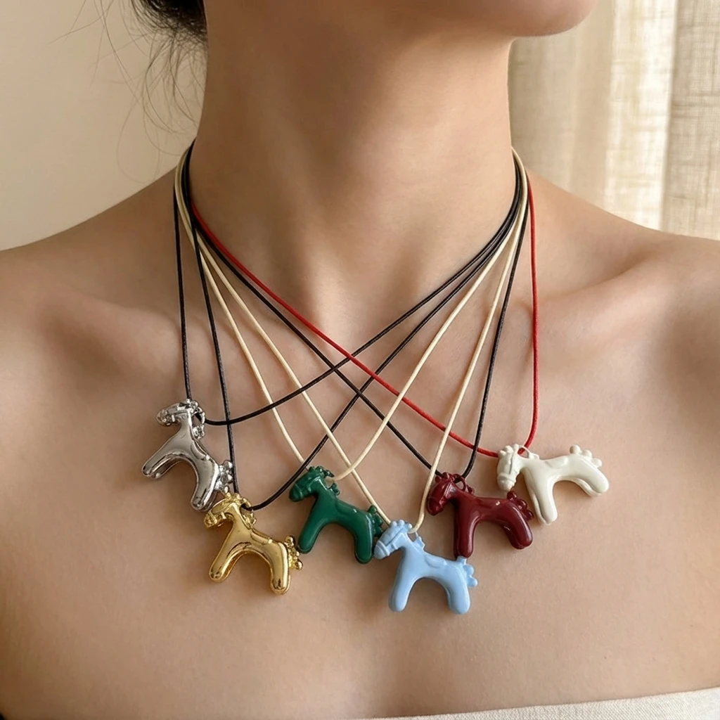 Multi-Color Small Horse Pendant Necklace for Women Cute 3D Animal Colt Pony Long Sweater Chain Necklace Jewelry Gift Accessories