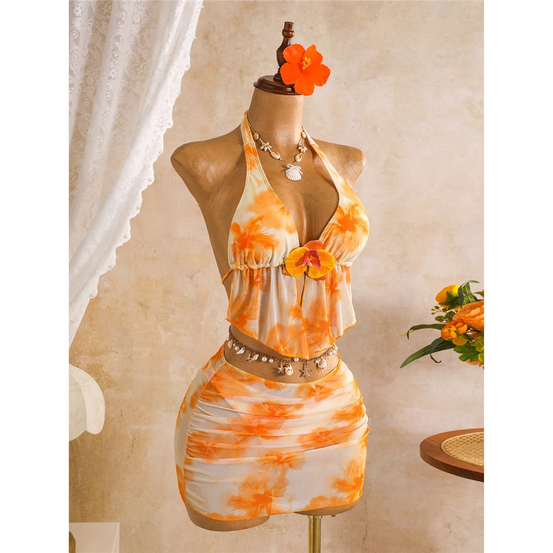 3D-Blumenmuster mit Rock, Neckholder-Bikini, Damen-Badeanzug, dreiteiliges Bikini-Set, Badebekleidung, Badeanzug, Schwimmbekleidung V8422 – Detail 14