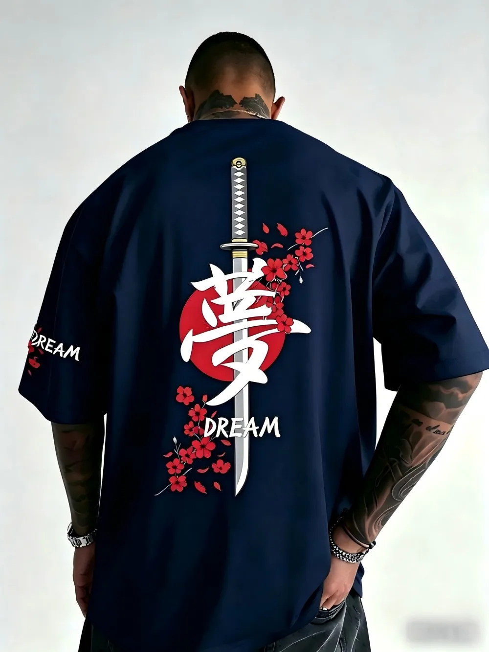 American men's summer cherry blossom samurai sword letter print micro elastic breathable round neck T-shirt outdoor street top