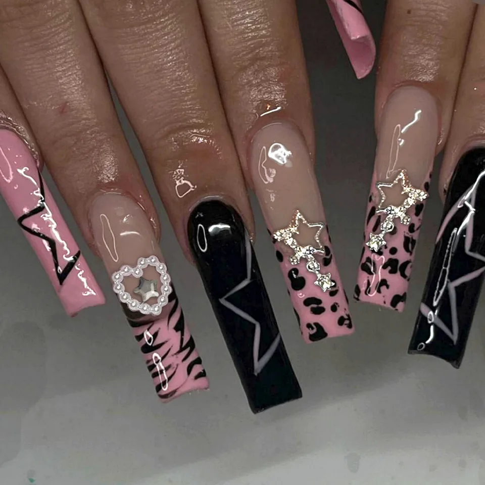 24 uñas postizas francesas con degradado negro y rosa, estilo Y2K, estampado de leopardo y lunares, cuadradas, con moño 3D, reutilizables 4
