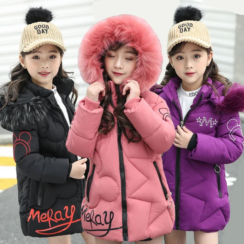 

Teenager Winter Keep Warm Girls Jacket Letter Long Style Hooded Windbreaker Coat For Kids Children Christmas Outerwear E18