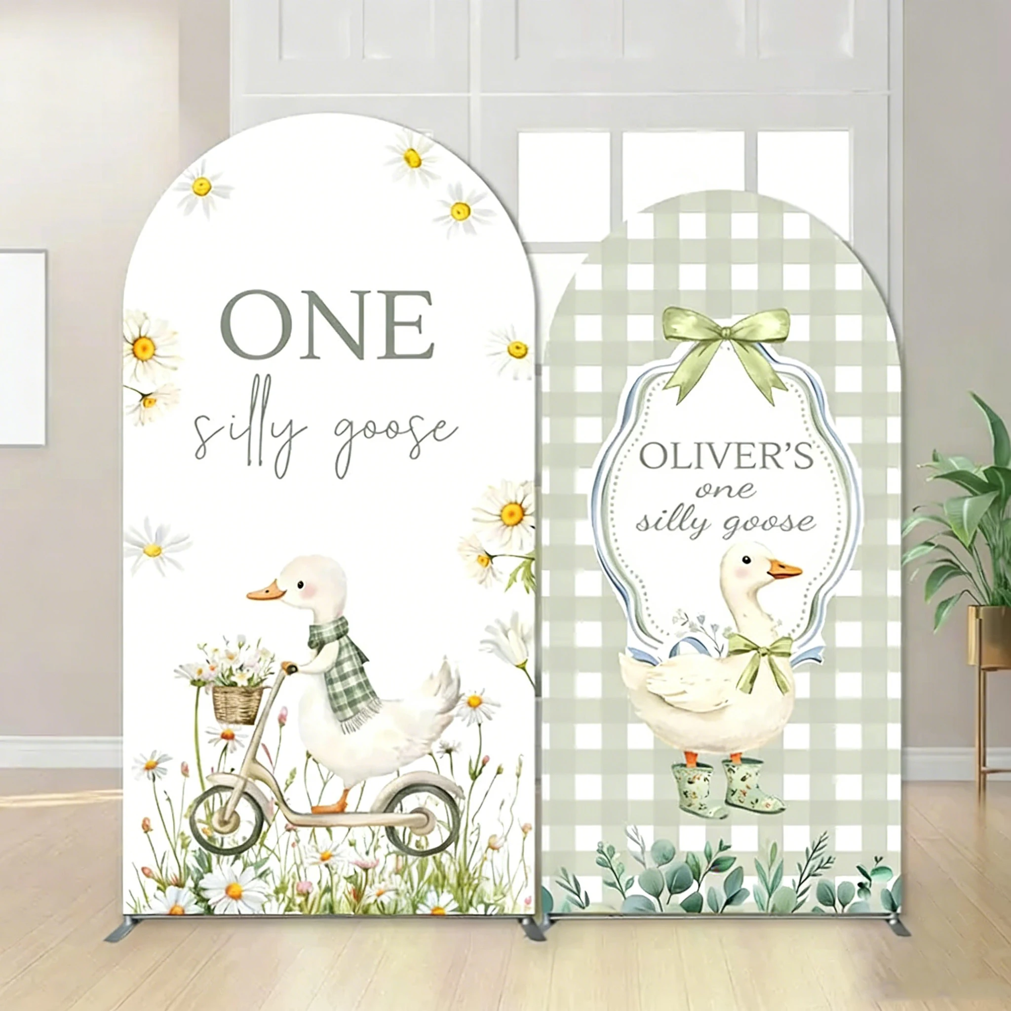 

LS Custom 2-Sided Silly Goose Green Grid Bow Girls Birthday Party Baby Shower Cover Chiara Arch Background Decor Backdrop