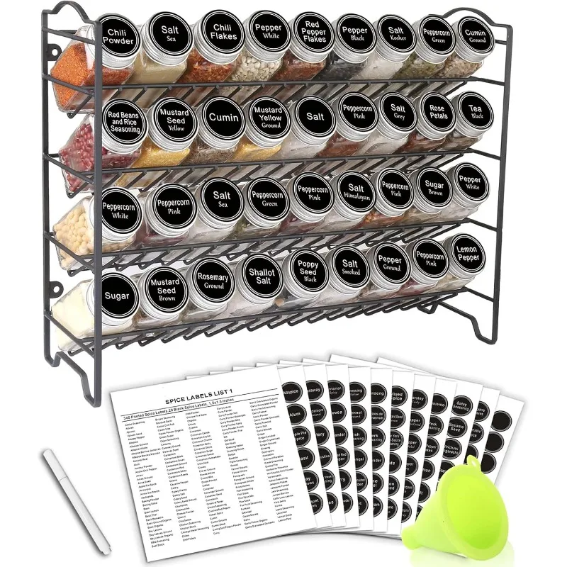 Spice Rack Organizer with 36 Empty Square Spice Jars, 396 Spice Labels with Chalk Marker and Funnel Complete Set