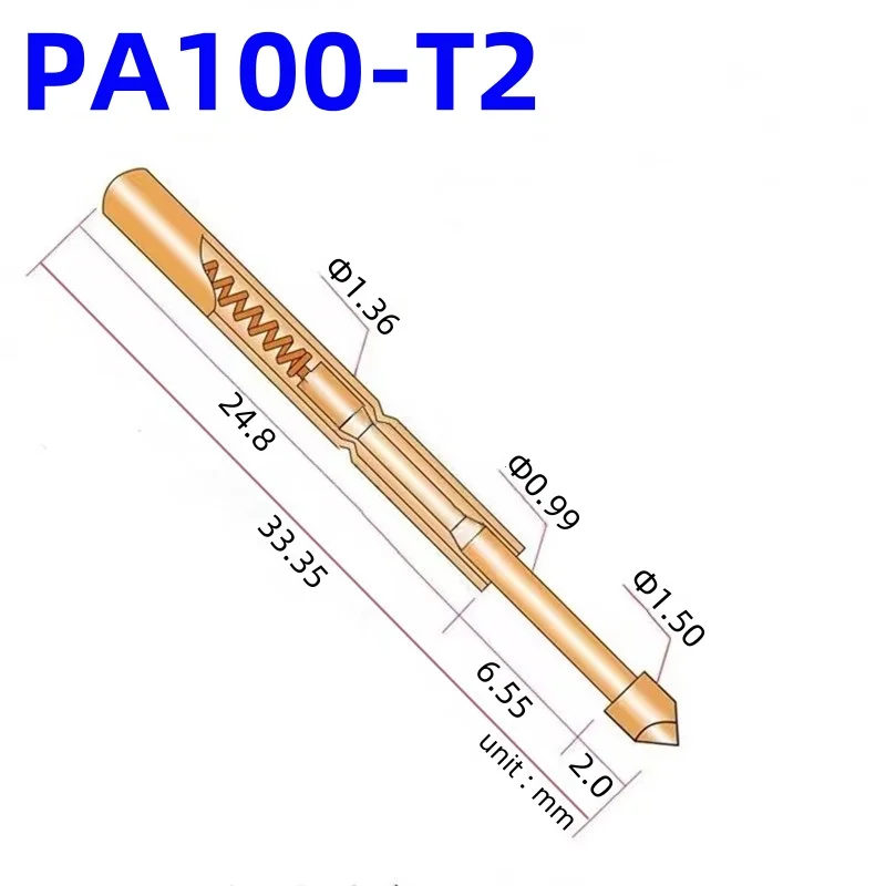 100PCS PA100-T2 Spring Test Probe PA100-T Test Pin P100-T P100-T2 Test Tool 33.35mm 1.36mm Needle Gold Tip Dia 1.5mm Pogo Pin