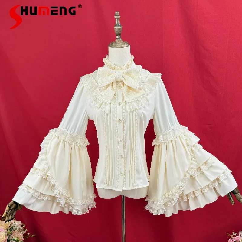 

Japanese Original Lolita Dress Stand Collar Shirt Large Sleeves Retro Silm Fit Inner Wear Single-breasted Top Blouse For Ladies
